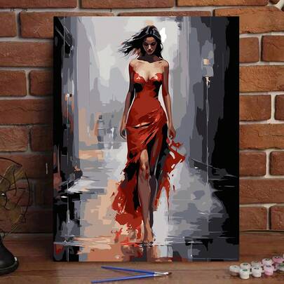 1幅《雨中漫步的女人》数字油画，无框，成人数字油画艺术装饰画，适合成人初学者和爱好者，是理想的减压方式，数字填色，纯手工绘制，零基础，馈赠亲友佳品