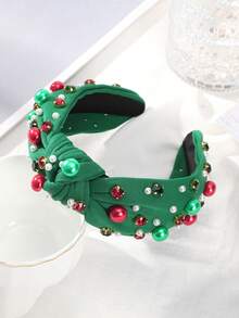 1pc Christmas Knot Faux Pearl Rhinestone Headband, Holiday Party Hair Accessory For Women ,Hair Hair Hoop