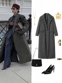 New Autumn/Winter Fashion Women Retro Elegant England Style Windbreaker Large Faux Wool Back Vent Long Overcoat - 深灰色 - 查看 5