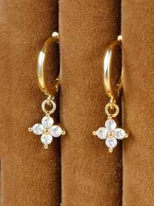 Nooxian 2 件女士耳环，铜镶嵌锆石幸运四叶草吊坠环状耳环，日常叠戴耳环，礼物 - 金黃色 - 查看 6