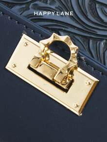 HAPPY LANE Fashionable Brown Patchwork Minimalist Style Handbag, Retro Vacation Vibe Shoulder Bag, Comes With Ribbon Accessory, Suitable For Business, Casual, Shopping, School, Front Twist Lock Handbag, Detachable Shoulder Strap, Crossbody Bag, Lightweight & Durable, Vintage Charm, Elegant & Unique Style For Women, Versatile For Any Occasion - 藏蓝色 - 查看 5