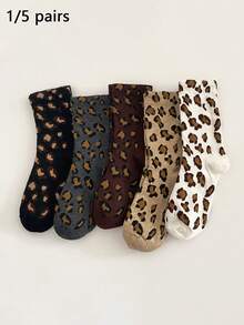 1/5 Pairs Women Leopard Print Mid-Calf Socks, Breathable, Warm, Long, Casual, Sports, Socks, Soft & Comfortable, Cute, Stylish, Suitable For Autumn/Winter Daily, Office, Home, Commute, Holiday Outfits - Multicolor - View 1