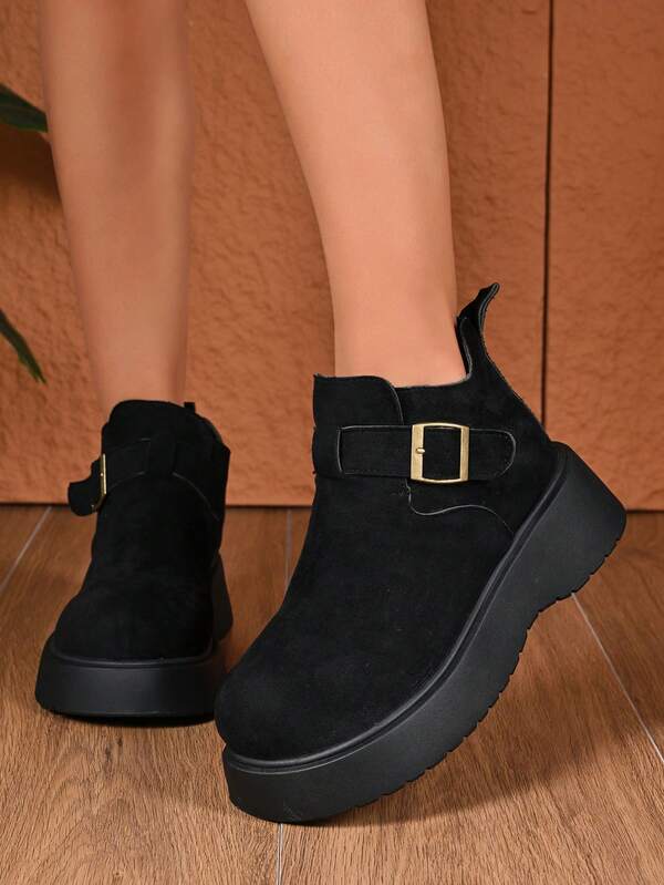 Botas curtas femininas confortáveis de sola grossa e cor sólida, botas confortáveis de calçar, adequadas para uso casual ao ar livre, casa e escritório