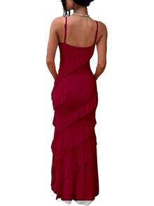 Women's Backless Bodycon Spaghetti Strap Elegant Ruffle Maxi Cocktail Party Dresses, 2025 QMO3 - 酒紅色 - 查看 8