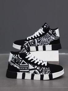 Pantofi sport sport casual confortabili pentru bărbați, cu șireturi înalte, cu model geometric, alb-negru, cu graffiti, cu litere patchwork, stil Fndy Personalities