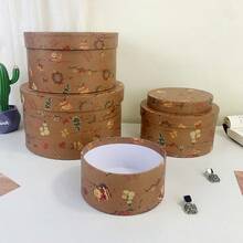 4pcs/Set Vintage Brown Round Christmas Element Storage Boxes, Christmas Tree & Gift Print, Multi-Layer Stackable, Gift Packaging Boxes - Brown - View 6