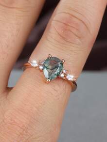 Tsnamer 1 件矩形天然苔藓玛瑙戒指承诺戒指适合女士女友订婚生日礼物日常珠宝礼物（天然石颜色随机）