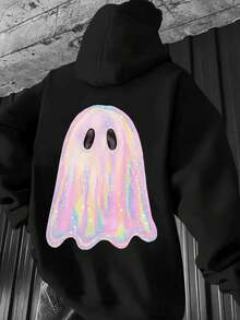 Holographic Ghost Print Hoodie For Women And Men - Cute Pastel Rainbow Ghost Design, Halloween Costume Sweatshirt, Spooky Yet Stylish Black Pullover For Fall, Party, Or Everyday Wear - 黑色 - 查看 1