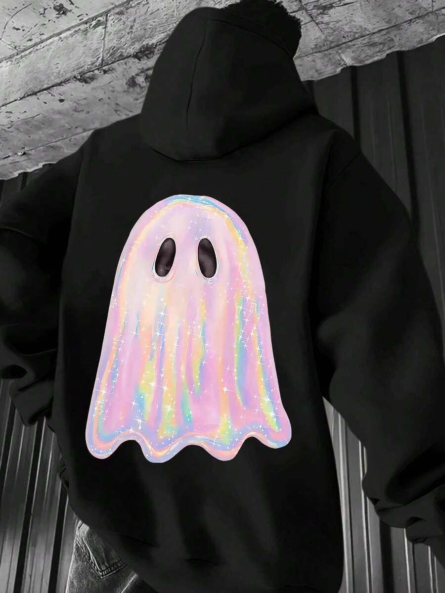 Holographic Ghost Print Hoodie For Women And Men - Cute Pastel Rainbow Ghost Design, Halloween Costume Sweatshirt, Spooky Yet Stylish Black Pullover For Fall, Party, Or Everyday Wear - 黑色 - 查看 1