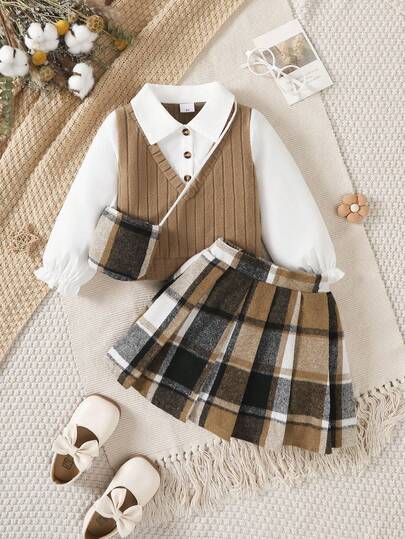 3 件套女童校园风格服装，拼色衬衫，格子裙，迷你包，适合 4-7 岁，春秋