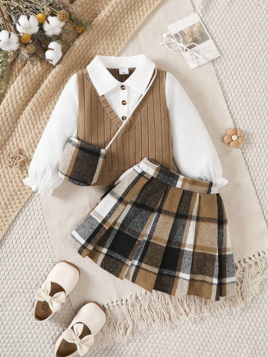 3 件套女童校园风格服装，拼色衬衫，格子裙，迷你包，适合 4-7 岁，春秋