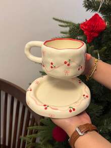 1pc/1set, Handpainted Cherry Ceramic Coffee Cup & Saucer, High-Quality Bowknot Cup & Saucer, French Asymmetrical Red Rimmed Coffee Cup, American Espresso Latte Cup, Dessert Plate, Fruit Plate, Office Mug, Home Water Cup, Breakfast Cup, Gift For Girls - Multicolor - View 3
