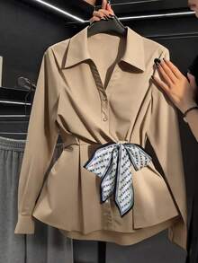 Khaki Long Sleeve Cinched Waist Elegant Slim Fit Shirt For Women, Suitable For Commuting And Going Out, Spring/Summer - Khaki - View 1