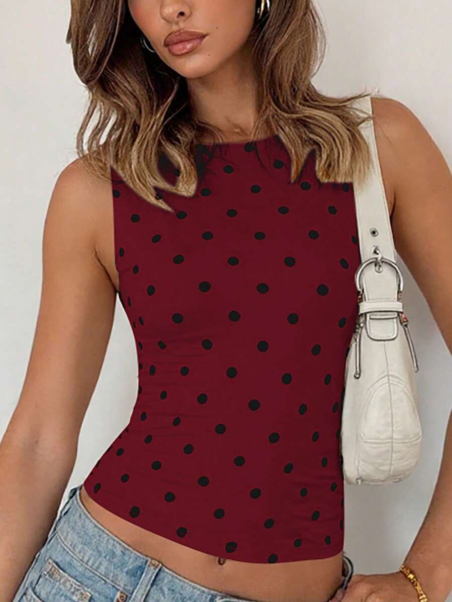 Damen Polka Dot ärmelloses Lässig Tank Top, sexy & modisch, geeignet für Straße, Party, Nachtclub Tragen im Sommer - Bordeaux - Übersicht 1