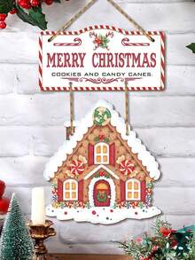 2 件圣诞快乐姜饼屋装饰圣诞木制标志装饰圣诞拐杖糖墙艺术，冬季派对挂门标志适合家庭节日门廊前门装饰 - 彩色 - 查看 2