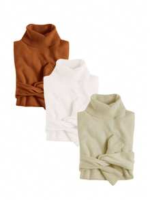 MF Kit 3 Basic Women's Knitted Blouse High Neck Cacharrel Sweater - BRONZE/CAQUI/BRANCO - View 1