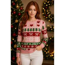 NAVIDAD Suéter Navideño Rosa "Jolly" Tierno Cute Rojo para Mujer Dama Sexy para Epocas Navideñas Christmas Acogedor Uglysweater Lindo Tierno - Rosa - Ver 4