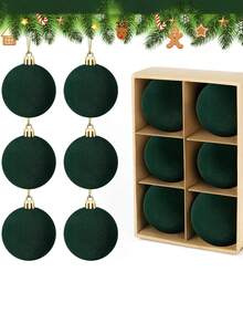 6 件绿色圣诞树挂球，天鹅绒圣诞装饰塑料球，适用于派对节日婚礼家居装饰铃铛、圣诞装饰、新年派对挂饰。