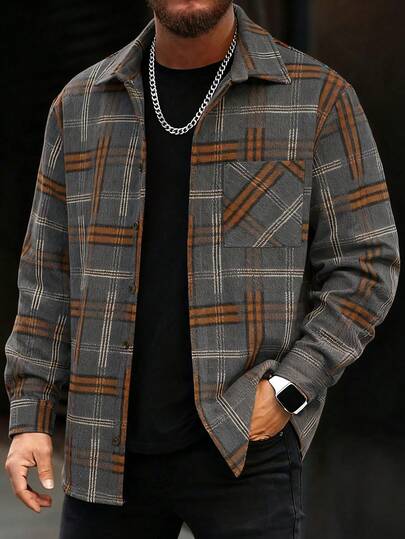 Plus Size Men Classic Personalized Plaid Woolen Turndown Collar Button Cardigan, Suitable For Casual, Fashion, Versatile Wear, Outdoor, Commute, Street Style, Winter Long Sleeve Woolen Jacket