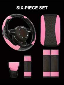 6 Pezzi Set Accessori Auto in Pelle PU, Coprivolante, Copri Console Centrale, Copri Freno a Mano, Copri Cintura di , Copri Bracciolo, Accessori Auto, Modanature Interni Automobile.