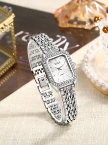 1 Set de reloj de mujer con cuarzo y diamantes, collar, aretes, pulsera y anillo, correa ajustable, esfera dorada vintage, perfecto para fiestas, vacaciones, cumpleaños y el mejor regalo para amigos - Plateado - Ver 5