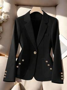 女士时尚畅销日常百搭商务通勤专业正式优雅纯色梭织面料纽扣口袋办公室西装外套，春秋季 - 黑色 - 查看 2