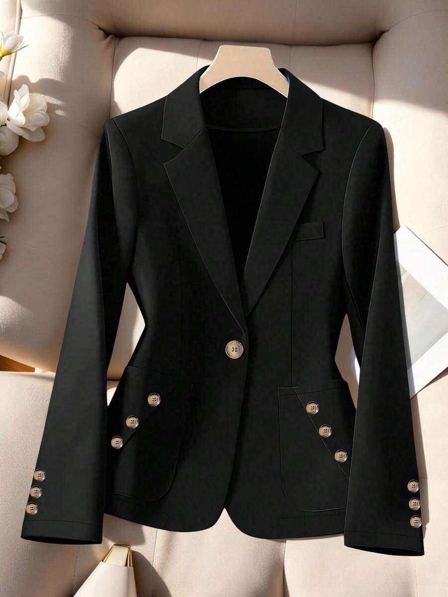 女士时尚畅销日常百搭商务通勤专业正式优雅纯色梭织面料纽扣口袋办公室西装外套，春秋季