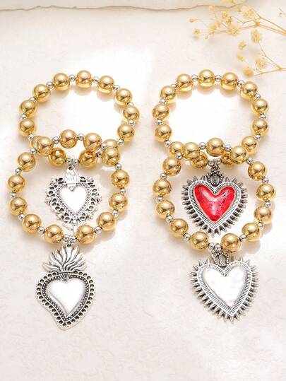 4pcs/1pc Vintage Elastic Beaded Heart Pendant Bracelet, Stackable Beaded Bracelet Suitable For Women's Daily Wear