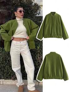 New Fashionable Loose Casual Jacket For Women, Y2K Style Stand Collar With Hidden Buttons, Autumn/Winter - màu xanh lá - Xem 10