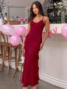 Women's Backless Bodycon Spaghetti Strap Elegant Ruffle Maxi Cocktail Party Dresses, 2025 QMO3 - 酒紅色 - 查看 5