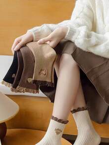 5 双蝴蝶蕾丝边中筒袜，适合女士，百搭，春秋 - 彩色 - 查看 2