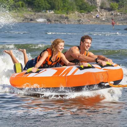 Towable Tubes For Boating, 1-2 Riders Inflatable Towable Tube For Boat To Pull, 340lbs Capacity Boat Tubes And Towables For Water Sports - With Fins, Double-Stitched Nylon Cover & Padded Handles