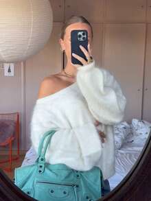 For Love & Bella 女士休闲蓬松柔软纯白色宽松露肩长袖针织毛衣，适合圣诞节和感恩节穿着 - 白色 - 查看 10