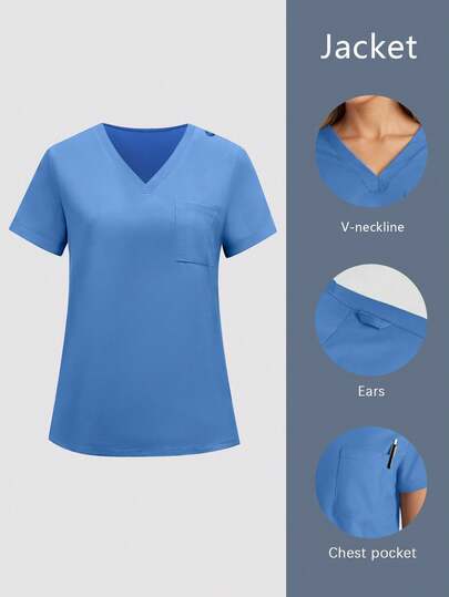 cimmuovere Women's Solid Color V-Neck Short Sleeve Scrubs Top With Dual Pockets, Nurse Scrubs Workwear For Dentist, Healthcare, Pet Hospital, Laboratory