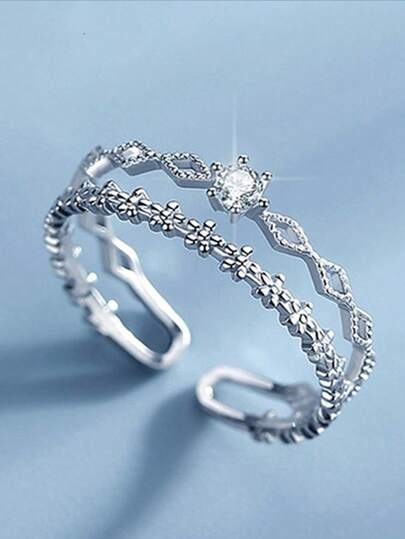 1pc Women's Fashion Adjustable Open Ring, Silver-Tone Double Flower Rhinestone Embellished Luxury Elegant Ring, Suitable For Women Gifts, Wedding, Party, Daily Wear