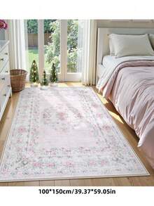 1pc Fluffy Luxurious Soft Bohemian Vintage Pink Area Rug, Non-Slip Machine Washable, Velvet Surface + TPR Bottom, Perfect For Living Room, Bedroom, Hallway - Elegant Courtyard Design, Adorned With Baroque Pattern, Indoor Mat | Non-Slip Backing, Living Room Carpet - màu hồng nhạt - Xem 7