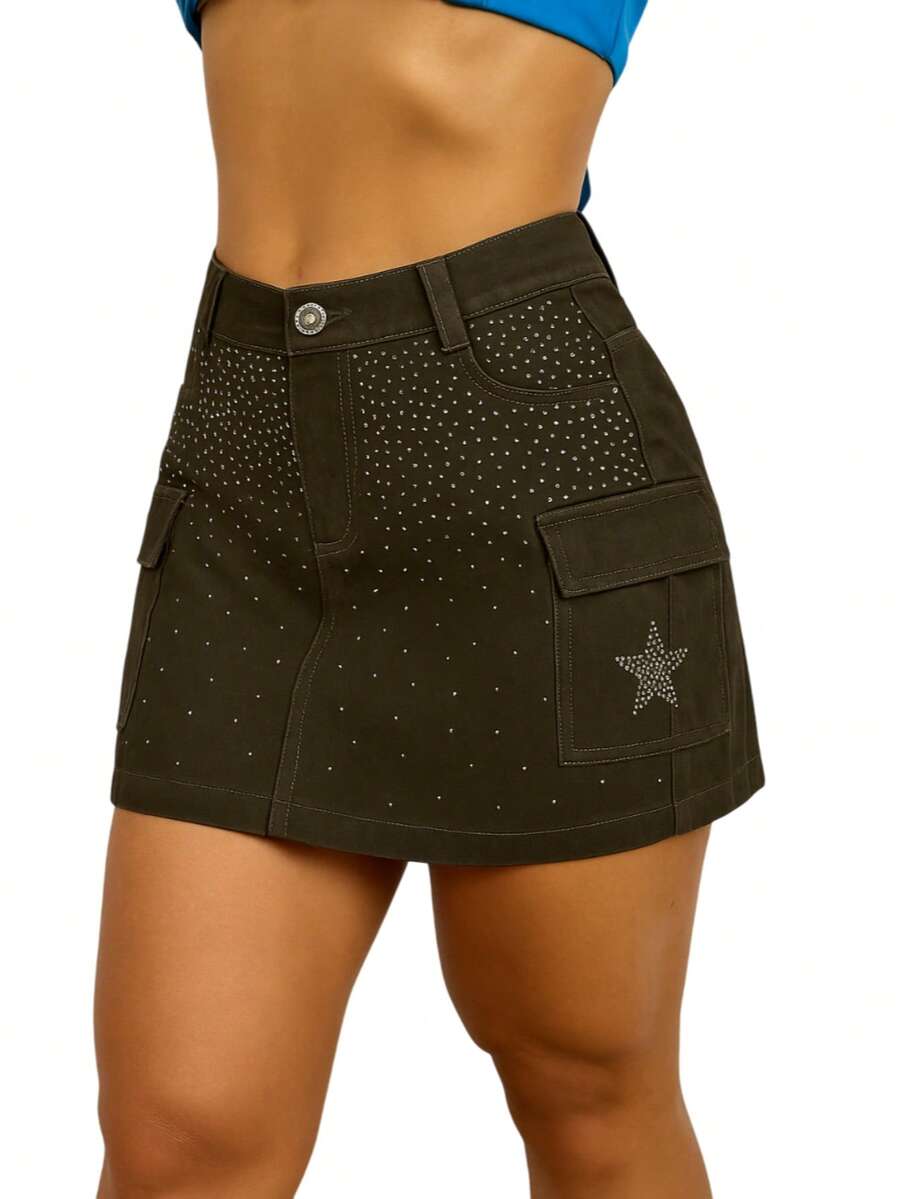 Women's Cargo Skirt With Star Rhinestone Shine - 橄欖綠 - 查看 1