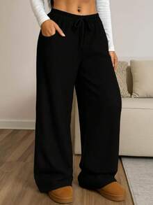 Women's Wide Leg Pants, Textured Fabric, High Waist, Simple With Pocket And Drawstring For Home And Daily Life - 黑色 - 查看 2