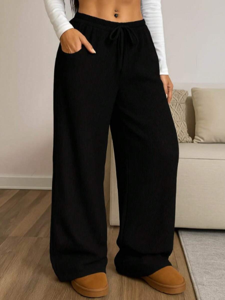 Women's Wide Leg Pants, Textured Fabric, High Waist, Simple With Pocket And Drawstring For Home And Daily Life - Black - View 1