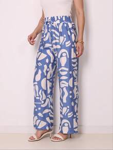 Women's Printed Wide Leg Pants Fashion High Waist Beach Pantaloons - 水鴨藍 - 查看 2
