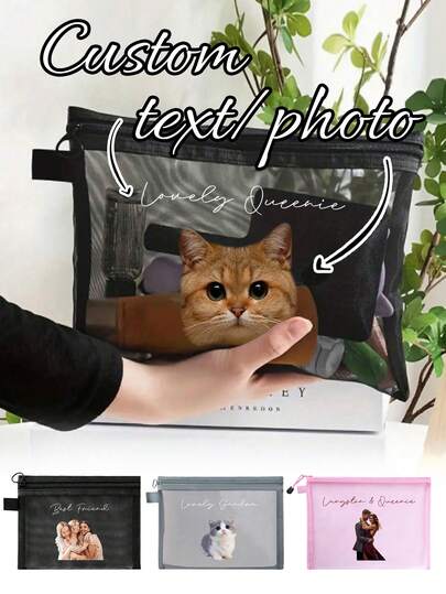1pc Personalized Photo & Name Customized Mesh Makeup Bag, Multiple Colors Available, Customizable Image Travel Toiletry Bag, Portable Washable Cosmetic Pouch, Makeup Organizer, Multi-Functional Travel Portable Bag, Lipstick & Skincare Storage Pouch, Gauze Storage Bag, Suitable For Work, School, Business Travel, Vacation, Unisex Personalized Gift With Commemorative Meaning, Small Gift For Friends, Family, Lovers