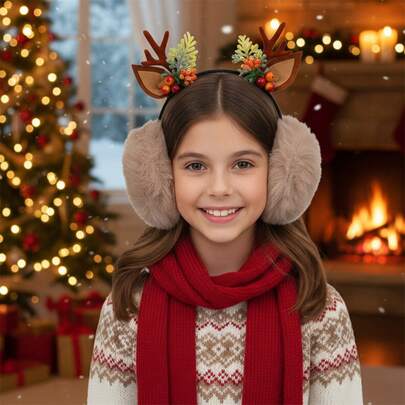 Christmas Antlers Earmuffs For Women Winter Warm Ears Muffs Cute Plush Ball Ear Headband