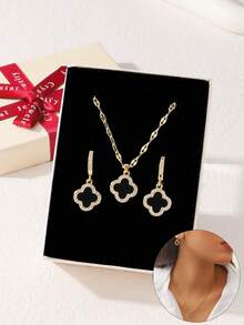 3pcs Flora Zirconia Earrings Necklace Set, Gold Jewelry Set Gift Box, Dangle Earrings, Necklace Set With Gift Box,Christmas Gift, Lover Gift, Gift For Mom, Christmas Gift Box