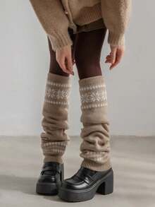 1双秋冬季白色/黑色/咖啡色/灰色/燕麦色韩式费尔岛雪花针织加厚保暖腿套，舒适 - 彩色 - 查看 13