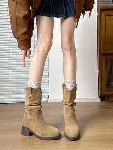 Mengshangli Round Toe Mid-Calf Boots, Solid Color Western Style Ruffle Trim Chunky Heel, Suitable For Holiday Party, Vacation, Autumn/Winter Short Boots For Women - Khaki - View 5