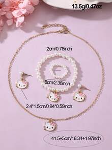 Sanrio 5pcs Faux Pearl Alloy Necklace, Earring, Bracelet,Ring, Pendant Jewelry Set