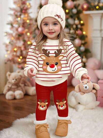 Niña conjunto sudadera y pans casual  tela suave holgada cuello redondo manga larga invierno fiesta familiar conjunto ropa