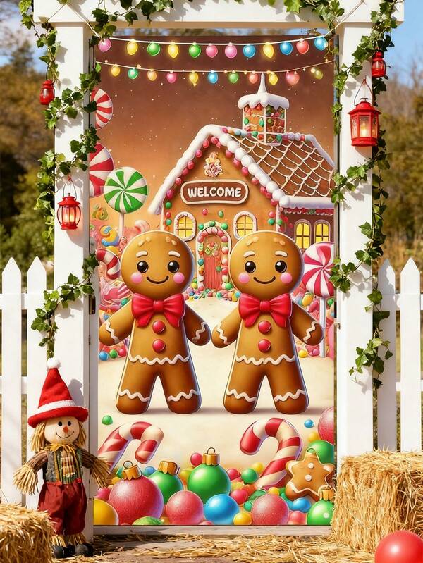1 peça Capa de Porta Casinha de Gengibre Alegre, Banner de Natal para Porta de Gengibre, Decorações de Natal para Ambientes Internos e Externos, Banner para Festa