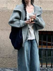 Áo khoác len cardigan trùm đầu, hàng mới về mùa thu, áo khoác len dáng rộng cao cấp, phong cách thoải mái, nhỏ nhắn dành cho nữ - Xám - Xem 4