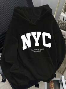 2025 HoodiesWomen's Slogan Print Thermal Lined Casual Loose Fit Hoodie Sweatshirt, Autumn/WinterLoose And Comfortablewinter Clothes For Women - 黑色 - 查看 1